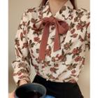 Tie-neck Floral Print Blouse Beige - One Size