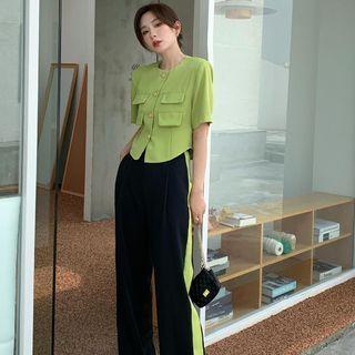 Set: Short-sleeve Button Blouse + Wide Leg Pants