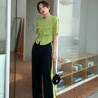 Set: Short-sleeve Button Blouse + Wide Leg Pants
