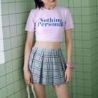 Set: Lettering Short-sleeve Taniki Top + Plaid Swim Skirt