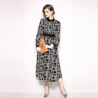 Long-sleeve Print Midi A-line Collared Dress