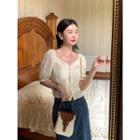 Puff-sleeve Lace Cropped Blouse Almond - One Size