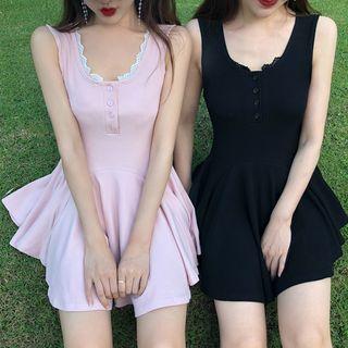 Lace Trim Ribbed Sleeveless A-line Dress