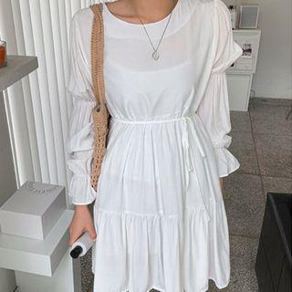 Round-neck Tiered Dress With Sash