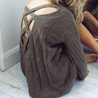 V-neck Cable Knit Sweater Dark Green - One Size