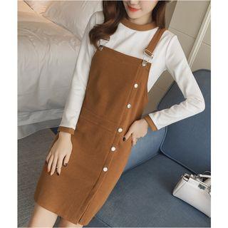 Set: Buttoned Pinafore Dress + Contrast Trim Long-sleeve Top