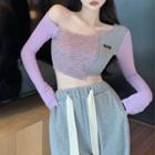 Long-sleeve One-shoulder Color Block Cropped T-shirt Purple & Gray - One Size