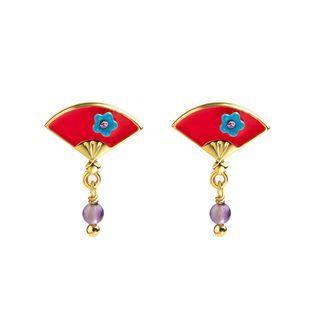 Fashion And Simple Plated Gold Enamel Fan Stud Earrings With Cubic Zirconia Golden - One Size