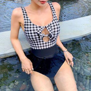 Plaid Panel Sleeveless Swimsuit