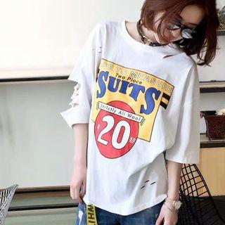 Elbow-sleeve Print Ripped T-shirt