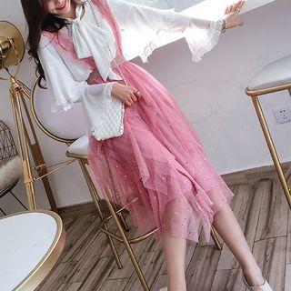 Suspender Sheer Midi Skirt Peach Pink - One Size