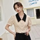Short-sleeve Two Tone Button-up Blouse