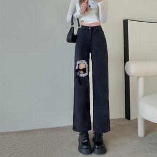 High Waist Cutout Bow Accent Wide Leg Jeans