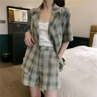 Set: Plaid Elbow-sleeve Blazer + High-waist Shorts Set Of 2 - Plaid - Green - One Size