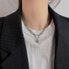 Layered Rhinestone Chain Necklace Pink Rhinestone - Silver - One Size