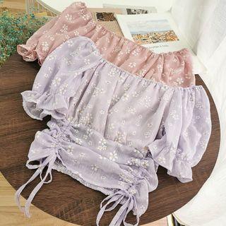 Flower Print Drawstring Off-shoulder Blouse