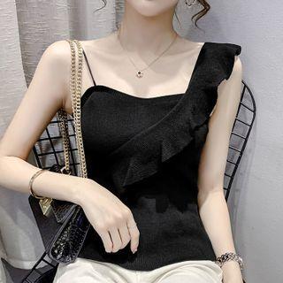 One-shoulder Ruffle-trim Knit Top