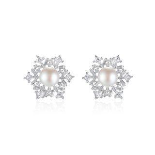 Sterling Silver Fashion Shining Snowflake White Freshwater Pearl Earrings With Cubic Zirconia Silver - One Size