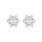 Sterling Silver Fashion Shining Snowflake White Freshwater Pearl Earrings With Cubic Zirconia Silver - One Size