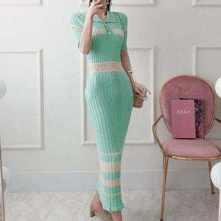 Long-sleeve Midi Sheath Knit Polo Dress Light Green - One Size