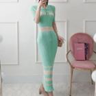 Long-sleeve Midi Sheath Knit Polo Dress Light Green - One Size