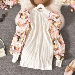 Flower Print Panel Puff-sleeve Mini A-line Dress
