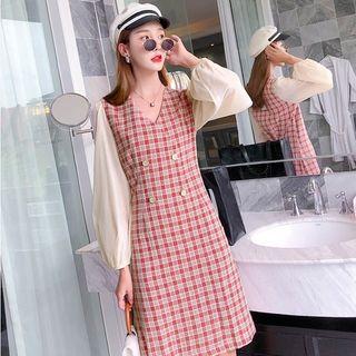 Plaid Lantern-sleeve Sheath Dress