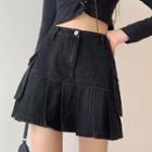 Side Pocket Pleated Panel Denim Mini Skirt