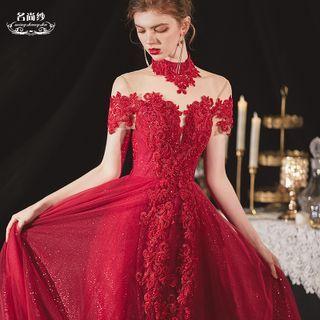 Short-sleeve Mesh Panel Applique A-line Wedding Gown
