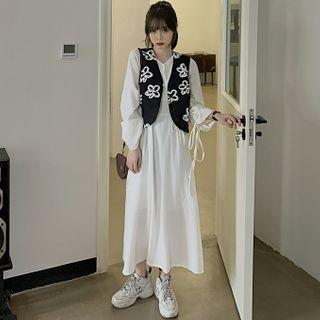 Long-sleeve A-line Midi Dress / Floral Print Open-front Vest