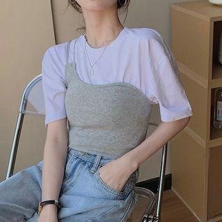 Mock Two-piece Short-sleeve Paneled T-shirt Set Of 2 - Camisole Top & T-shirt - Gray & White - One Size