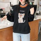 Mock-neck Cat Embroidered Pullover Black - One Size