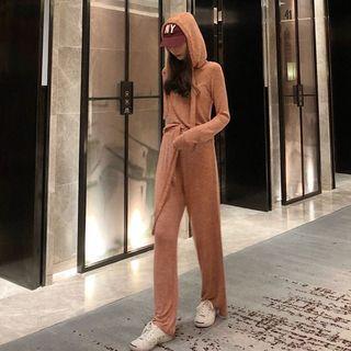 Set: Long-sleeve Plain Hoodie + Wide-leg Pants