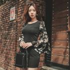 Wide-chiffon Long-sleeve Floral-patterned Sheath Dress