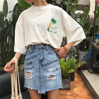 Letter Embroidered Distressed Denim Skirt