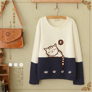 Cat Embroidery Two-tone Sweatshirt