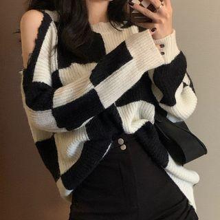 Asymmetric Off Shoulder Plaid Loose Fit Sweater Plaid - Black & White - One Size