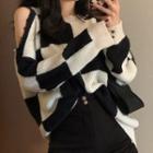 Asymmetric Off Shoulder Plaid Loose Fit Sweater Plaid - Black & White - One Size