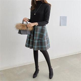 Mock-neck Mock Two-piece Plaid Dress