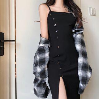 Plaid Shirt / Slit Spaghetti-strap Dress