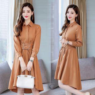 Long-sleeve Lace-up Dip Back Shirt Dress