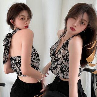 Halter Floral Crop Tank Top Black - One Size