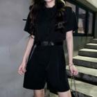 Short-sleeve Buttoned Wide-leg Playsuit Black - One Size