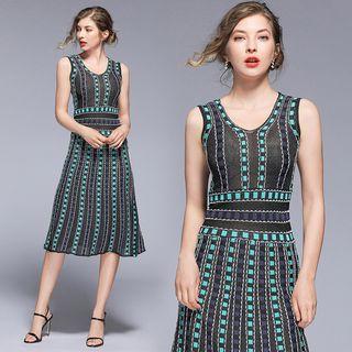 Sleeveless Patterned A-line Knit Dress Dark Blue - One Size