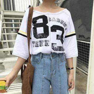 3/4-sleeve Panel Printed T-shirt