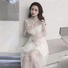 Mesh Long-sleeve Pleated Dress White - One Size