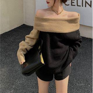Contrast Panel Sweater Khaki & Black - One Size