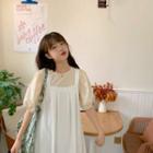 Set: Puff-sleeve Blouse + Midi A-line Overall Dress Set - Blouse - Almond - One Size / Overall Dress - White - One Size
