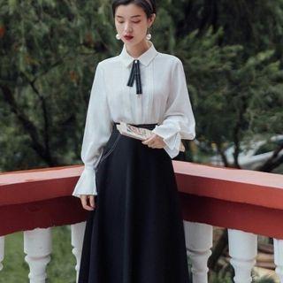 Puff-sleeve Collar Top / Long-sleeve Top / Midi A-line Skirt / Set