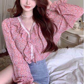 Chiffon Ruffle Trim Floral Print Blouse Pink - One Size
